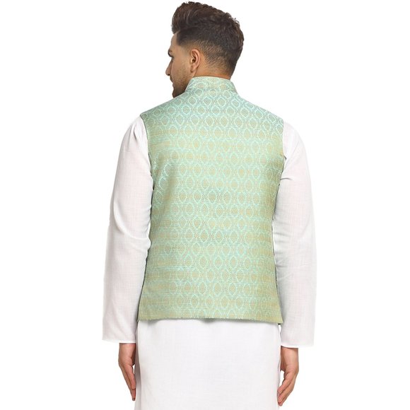 Sleeveless Traditional Brocade Silk Turquoise Green Nehru Jacket by Treemoda - Picture 3 of 5